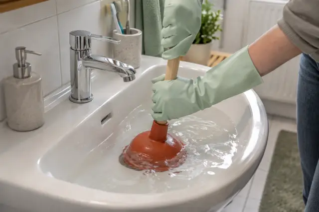 Vorsichtige Anwendung einer Saugglocke an einem verstopften Waschbecken im Badezimmer