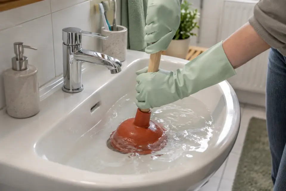 Vorsichtige Anwendung einer Saugglocke an einem verstopften Waschbecken im Badezimmer
